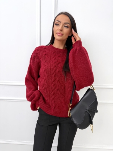 Bordowy Ciepły Sweter z Warkoczowym Splotem 14477-74-B