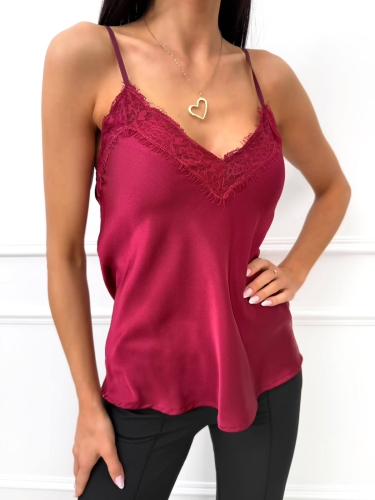 Bordowy Satynowy Top z Koronką  14486-521-B