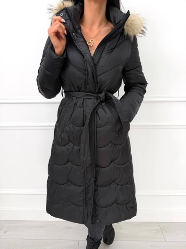 Czarna Pikowana Kurtka z Futerkiem przy Kapturze 14509-502-A
