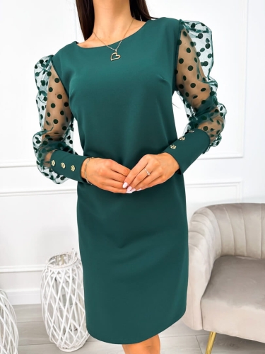 Ciemnozielona Sukienka z Ozdobnym Rękawem 11043-30-A