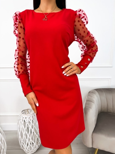 Czerwona Sukienka z Ozdobnym Rękawem 11043-30-B