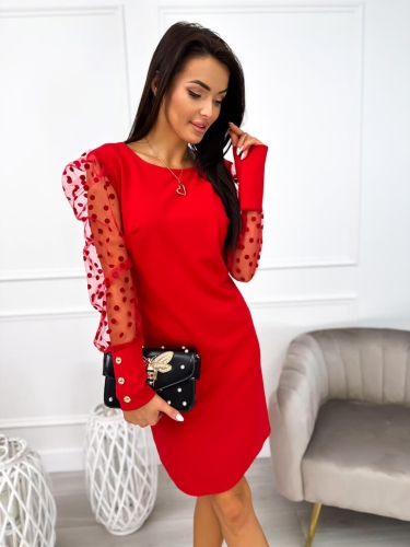 Czerwona Sukienka z Ozdobnym Rękawem 11043-30-B
