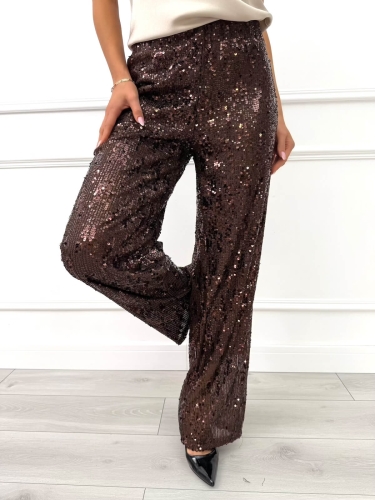 Czekoladowe Cekinowe Spodnie z Szerokimi Nogawkami 14507-19-B