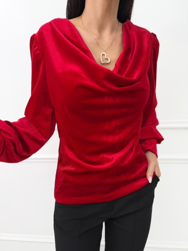 Czerwona Welurowa Bluzka z Lejącym Dekoltem 14504-428-E