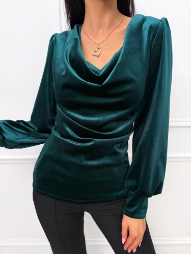 Zielona Welurowa Bluzka z Lejącym Dekoltem 14504-428-G