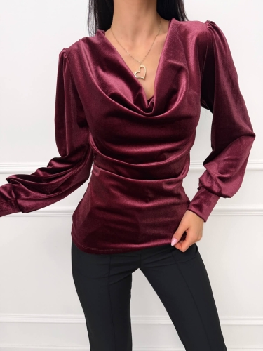 Burgundowa Welurowa Bluzka z Lejącym Dekoltem 14504-428-F