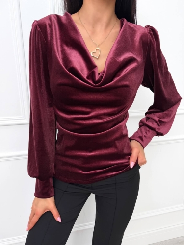 Burgundowa Welurowa Bluzka z Lejącym Dekoltem 14504-428-F