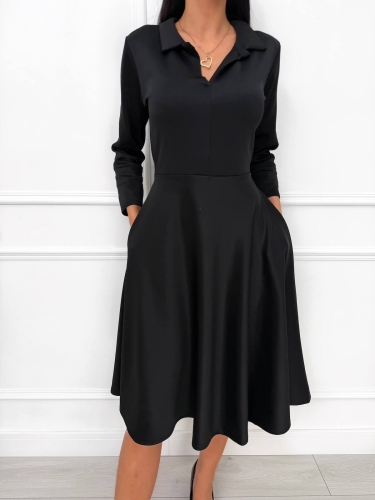 Czarna Rozkloszowana Sukienka z Kołnierzykiem  14538-129-B