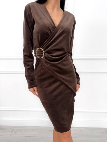 Brązowa Welurowa Sukienka z Ozdobą 13281-09-G