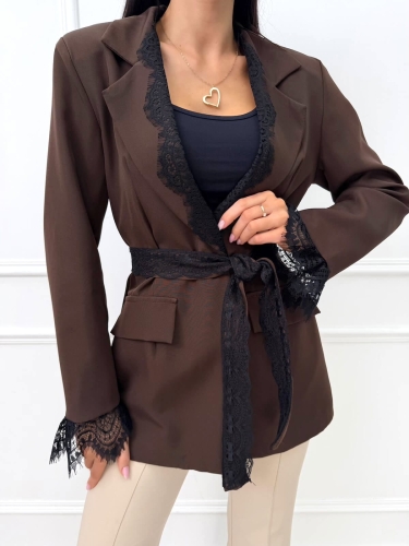 Czekoladowa Marynarka z Koronką  14598-527-B