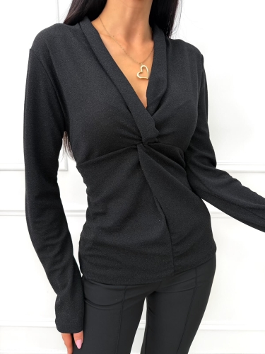 Czarna Połyskująca Bluzka z Głębokim Dekoltem  14593-271-A