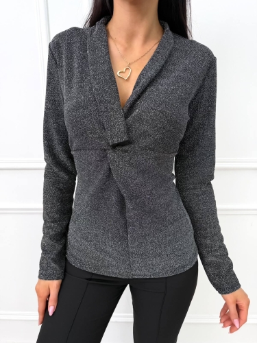 Grafitowa Połyskująca Bluzka z Głębokim Dekoltem  14593-271-C