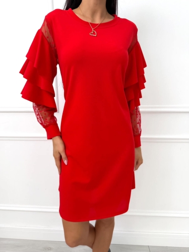 Czerwona Sukienka z Falbankami na Rękawach 14592-524-A