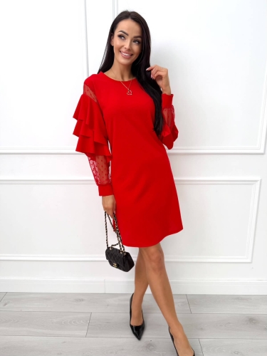 Czerwona Sukienka z Falbankami na Rękawach 14592-524-A