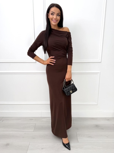 Czekoladowa Sukienka Maxi z Marszczeniem  14590-174-C