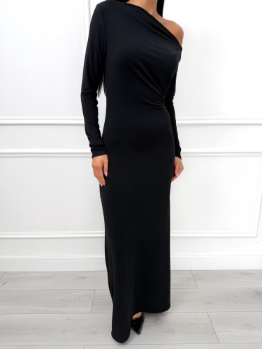 Czarna Sukienka Maxi z Marszczeniem  14590-174-B