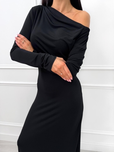 Czarna Sukienka Maxi z Marszczeniem  14590-174-B