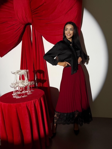 Bordowa Plisowana Spódnica z Koronką 14585-105-A