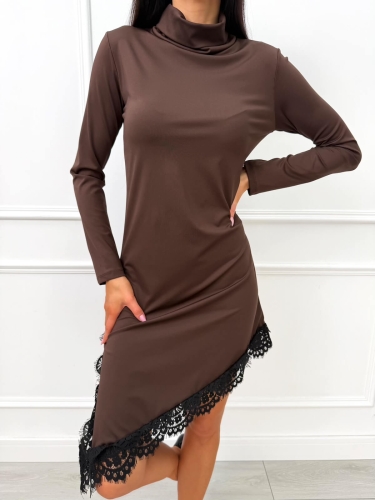 Czekoladowa Asymetryczna Sukienka z Koronką 14583-360-C