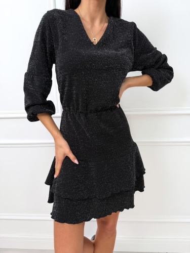 Czarna Połyskująca Sukienka z Falbanką 14573-165-B