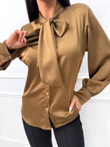 Brązowa Satynowa Koszula z Wiązaniem przy Dekolcie 14572-146-B