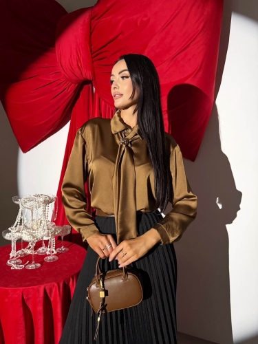 Brązowa Satynowa Koszula z Ozdobnym Krawatem 14569-43-A