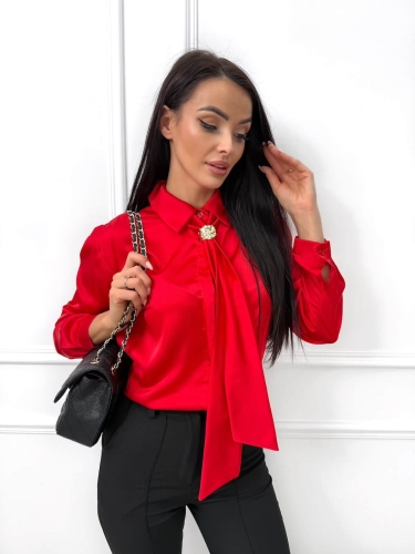 Czerwona Satynowa Koszula z Ozdobnym Krawatem 14569-43-C