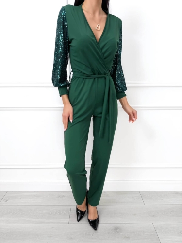 Zielony Elegancki Kombinezon z Cekinowymi Rękawami 14559-147-B