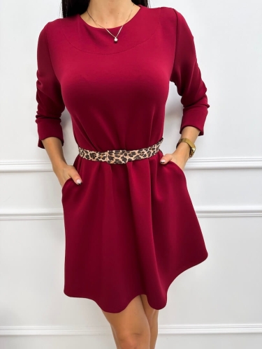 Bordowa Sukienka z Kieszeniami i Paskiem 13275-318-B