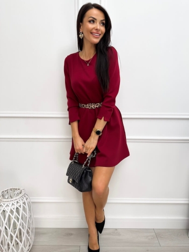 Bordowa Sukienka z Kieszeniami i Paskiem 13275-318-B