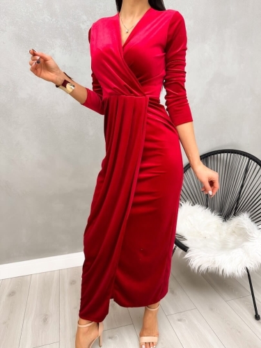 Czerwona Welurowa Sukienka Maxi z Rozporkiem 13228-292-C