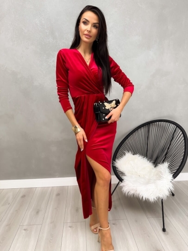 Czerwona Welurowa Sukienka Maxi z Rozporkiem 13228-292-C