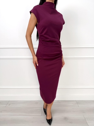 Burgundowa Elegancka Sukienka ze Stójką 14490-41-B