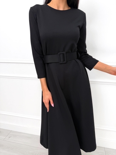 Czarna Rozkloszowana Sukienka z Paskiem  14265-119-C