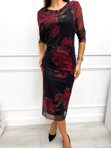 Czarna Sukienka z Motywem Kwiatowym 13320-225-Q