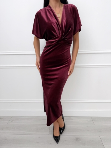 Burgundowa Welurowa Sukienka z Głębokim Dekoltem 14506-87-E