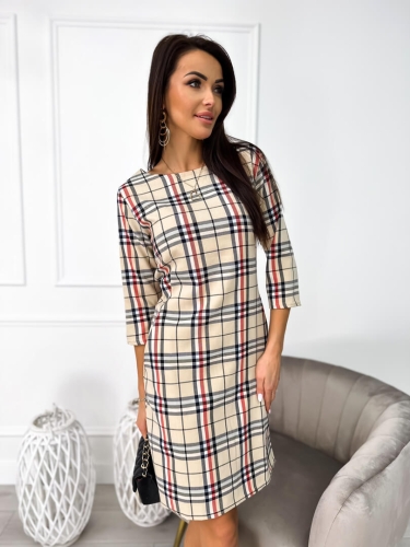 Beżowa Sukienka w Kratę  11100-523-Q