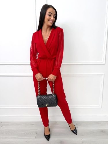 Czerwony Kombinezon z Ozdobnym Rękawem 11660-131-C