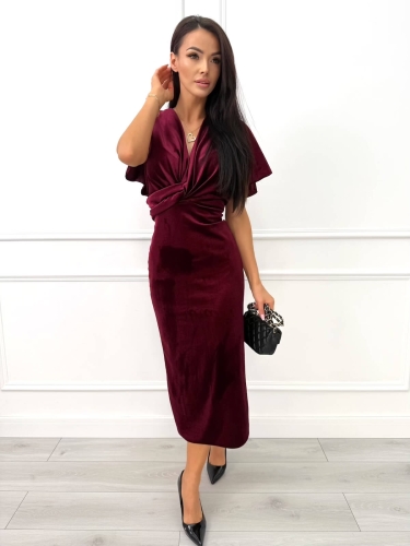 Bordowa Welurowa Sukienka z Głębokim Dekoltem 14506-87-A