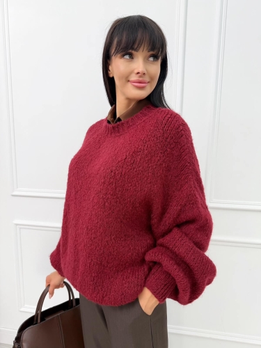 Bordowy Sweterek Oversize z Bufiastymi Rękawami 14322-140-B