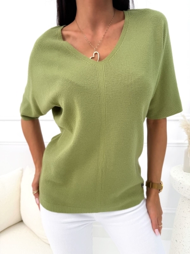 Khaki Sweterkowa Bluzka z Dekoltem V 14610-237-E