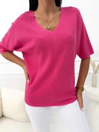 Różowa Sweterkowa Bluzka z Dekoltem V 14610-237-H