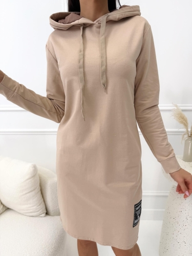 Jasnobeżowa Sportowa Sukienka z Kapturem 12668-47-I
