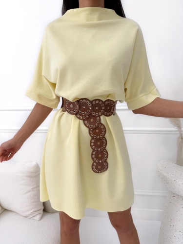 Żółta Prosta Sukienka ze Stójką  14554-259-G