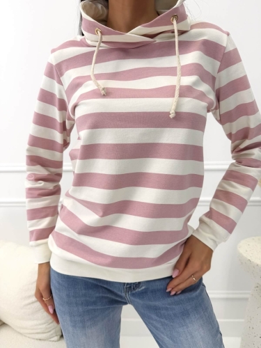 Pudrowa Bluza w Paski z Kapturem 14645-16-D