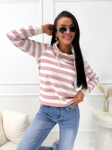 Pudrowa Bluza w Paski z Kapturem 14645-16-D