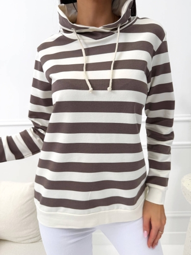 Brązowa Bluza w Paski z Kapturem 14645-16-A