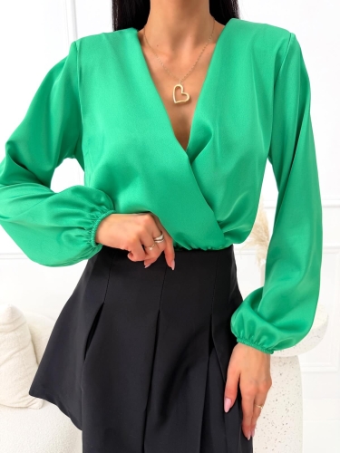 Zielone Satynowe Body z Kopertowym Dekoltem  14701-15-D