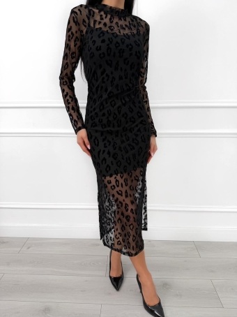 Czarna Sukienka z Siateczką ze Wzorem 14495-504-Q