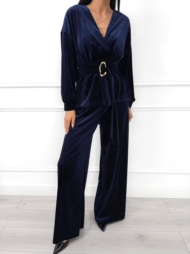 Granatowy Elegancki Komplet ze Złotą Klamrą 14497-507-B